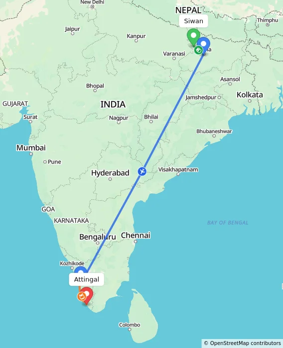 Route map showing distance and travel time from Siwan, India to Attingal, India
