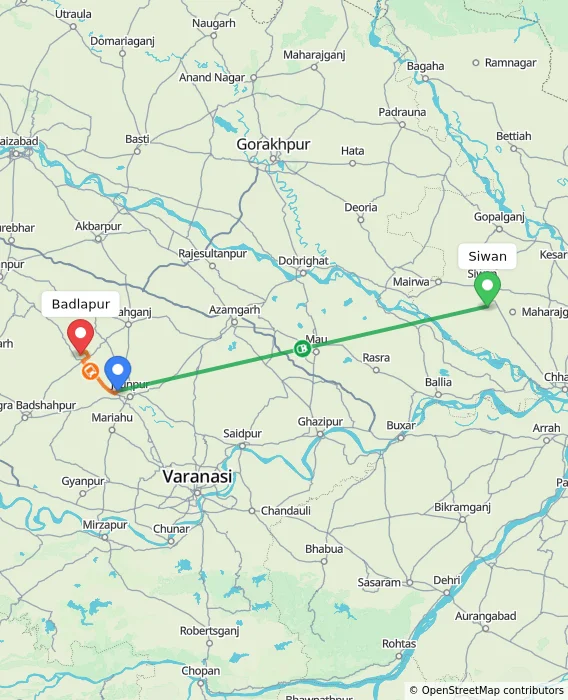 Route map showing distance and travel time from Siwan, India to Badlapur, India