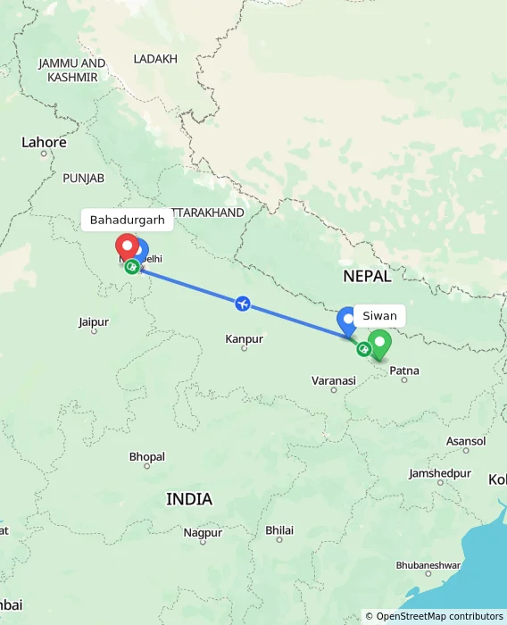 Route map showing distance and travel time from Siwan, India to Bahadurgarh, India