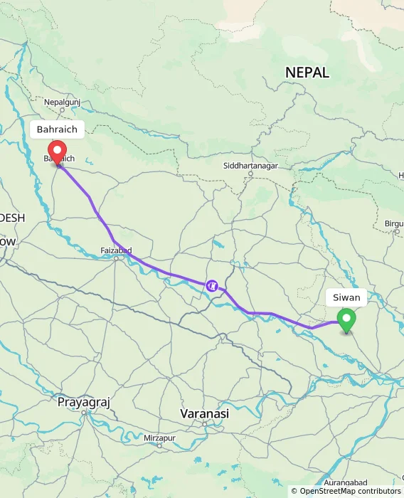 Route map showing distance and travel time from Siwan, India to Bahraich, India