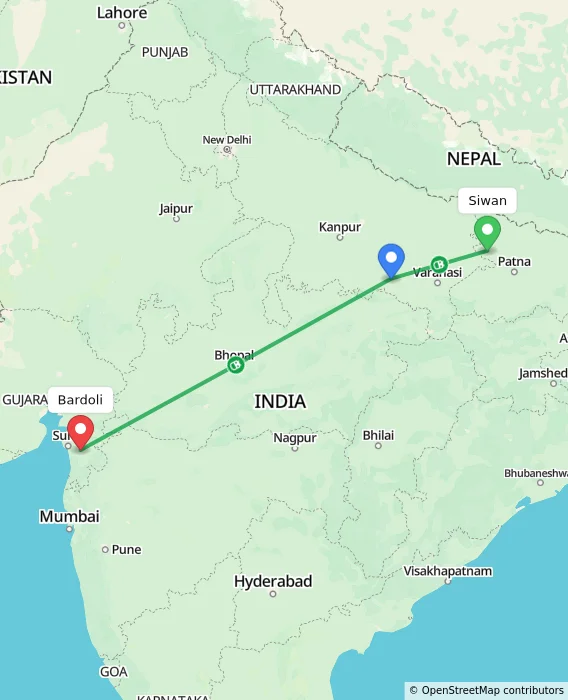 Route map showing distance and travel time from Siwan, India to Bardoli, India