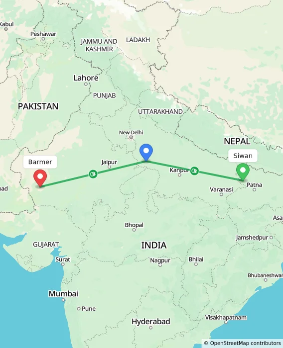 Route map showing distance and travel time from Siwan, India to Barmer, India