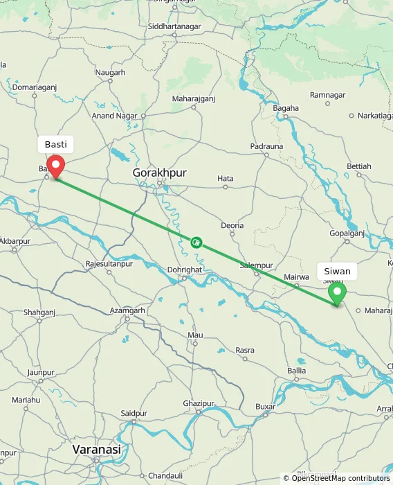 Route map showing distance and travel time from Siwan, India to Basti, India