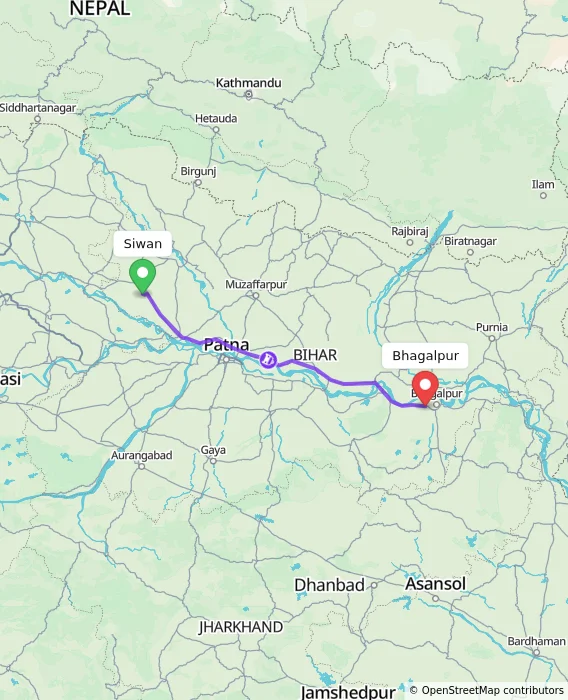 Route map showing distance and travel time from Siwan, India to Bhagalpur, India