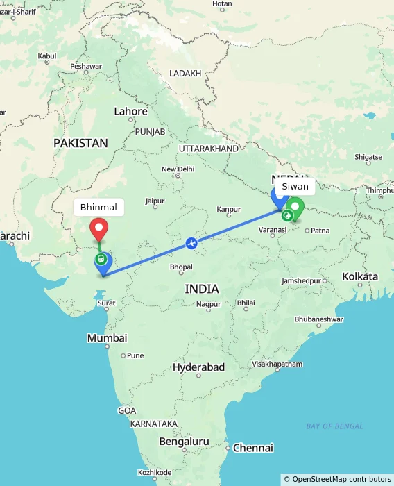 Route map showing distance and travel time from Siwan, India to Bhinmal, India
