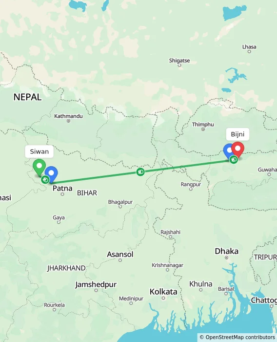 Route map showing distance and travel time from Siwan, India to Bijni, India