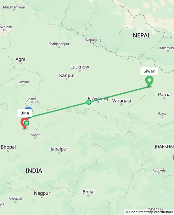 Route map showing distance and travel time from Siwan, India to Bina, India