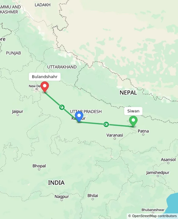 Route map showing distance and travel time from Siwan, India to Bulandshahr, India