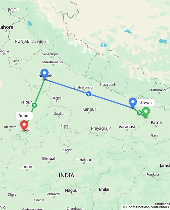 Route map showing distance and travel time from Siwan, India to Bundi, India