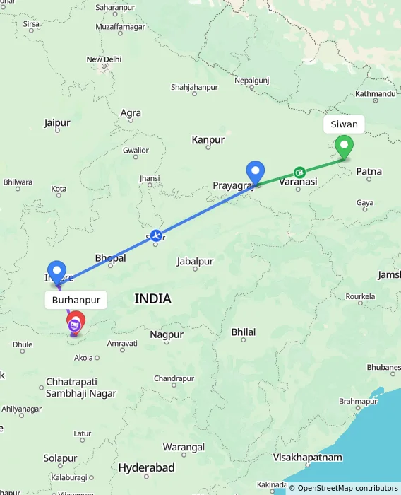 Route map showing distance and travel time from Siwan, India to Burhanpur, India