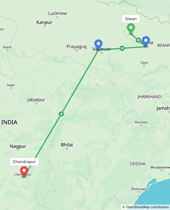 Route map showing distance and travel time from Siwan, India to Chandrapur, India