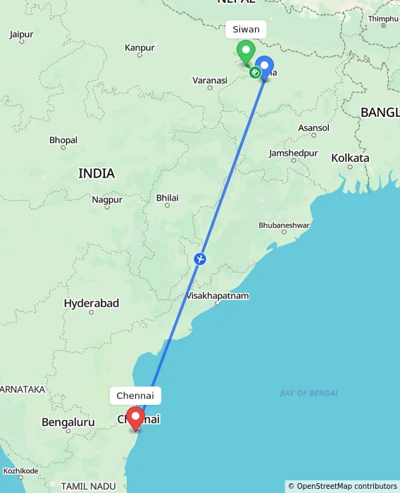 Route map showing distance and travel time from Siwan, India to Chennai, India