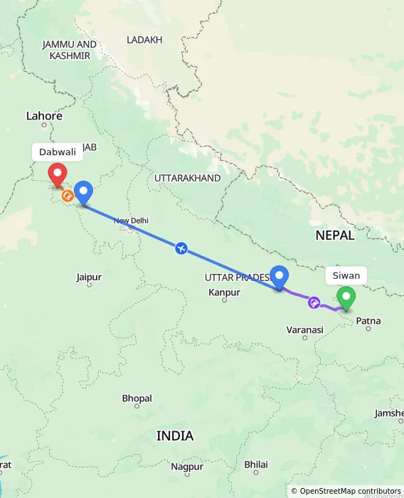 Route map showing distance and travel time from Siwan, India to Dabwali, India