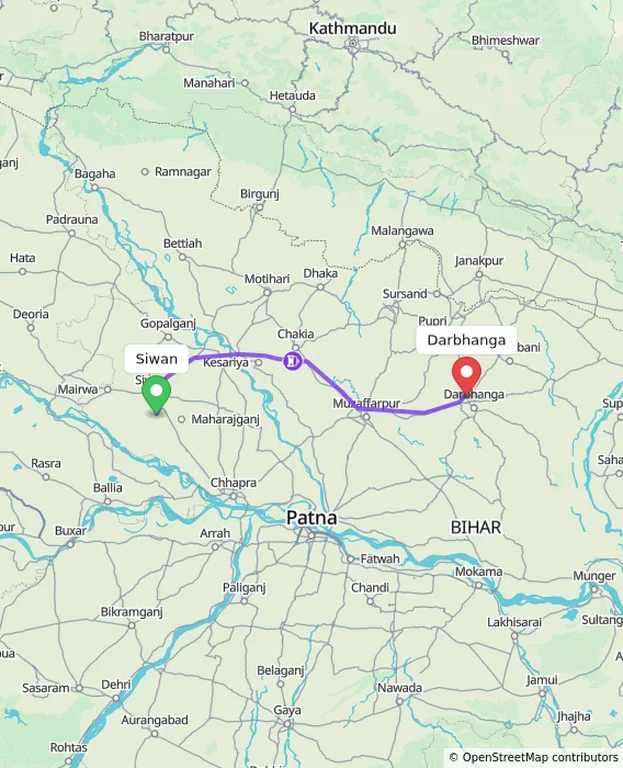 Route map showing distance and travel time from Siwan, India to Darbhanga, India