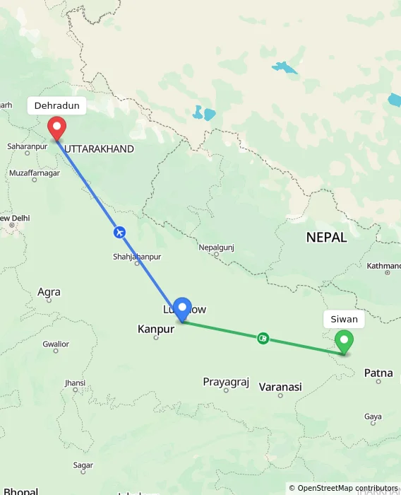 Route map showing distance and travel time from Siwan, India to Dehradun, India