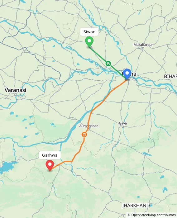 Route map showing distance and travel time from Siwan, India to Garhwa, India