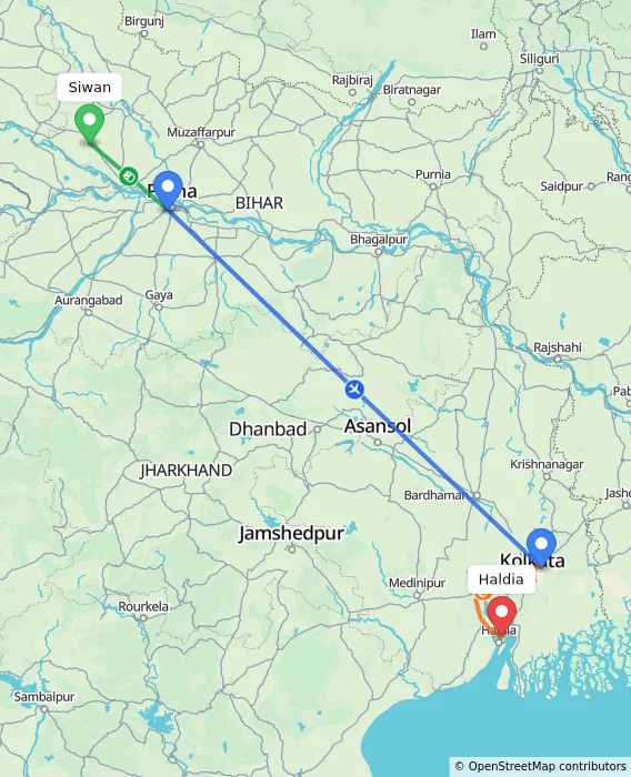 Route map showing distance and travel time from Siwan, India to Haldia, India