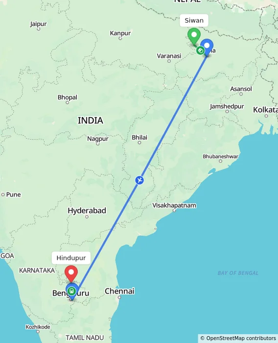 Route map showing distance and travel time from Siwan, India to Hindupur, India