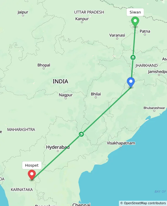 Route map showing distance and travel time from Siwan, India to Hospet, India