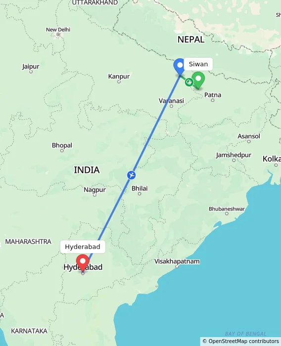Route map showing distance and travel time from Siwan, India to Hyderabad, India