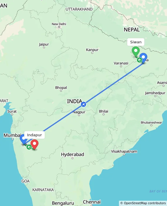 Route map showing distance and travel time from Siwan, India to Indapur, India