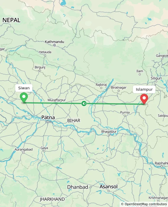 Route map showing distance and travel time from Siwan, India to Islampur, India