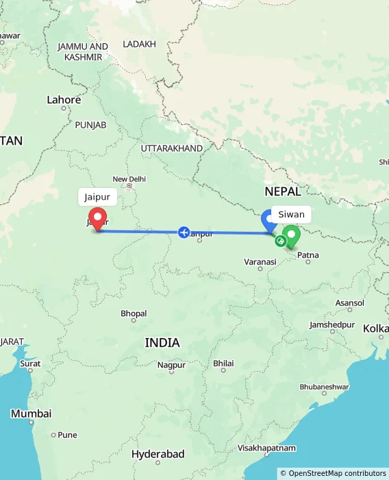 Route map showing distance and travel time from Siwan, India to Jaipur, India