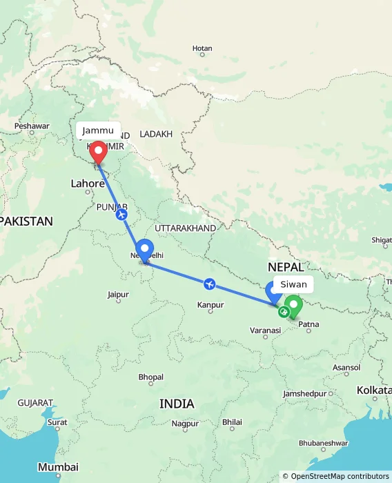 Route map showing distance and travel time from Siwan, India to Jammu, India