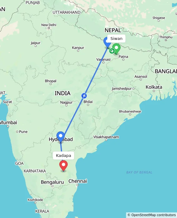 Route map showing distance and travel time from Siwan, India to Kadapa, India