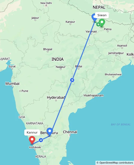 Route map showing distance and travel time from Siwan, India to Kannur, India