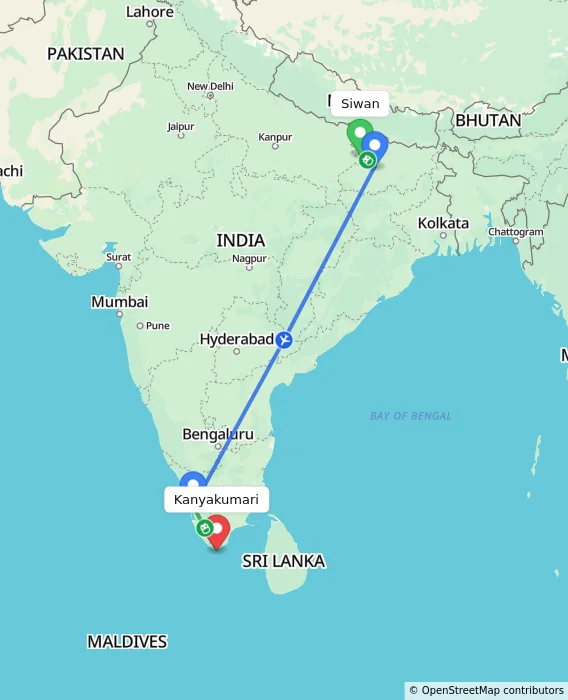 Route map showing distance and travel time from Siwan, India to Kanyakumari, India