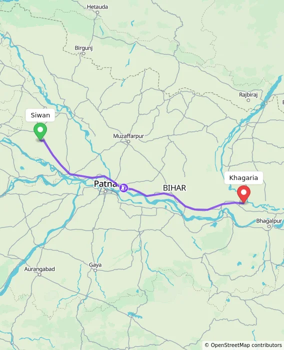 Route map showing distance and travel time from Siwan, India to Khagaria, India