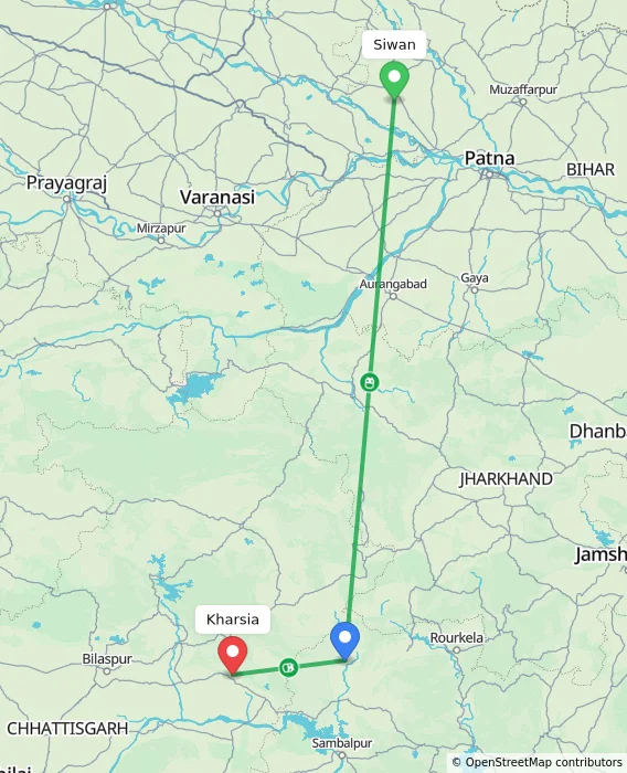 Route map showing distance and travel time from Siwan, India to Kharsia, India