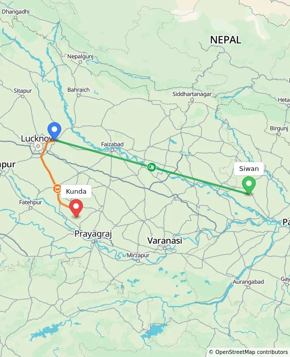 Route map showing distance and travel time from Siwan, India to Kunda, India