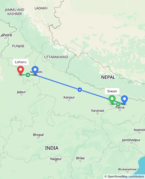 Route map showing distance and travel time from Siwan, India to Loharu, India