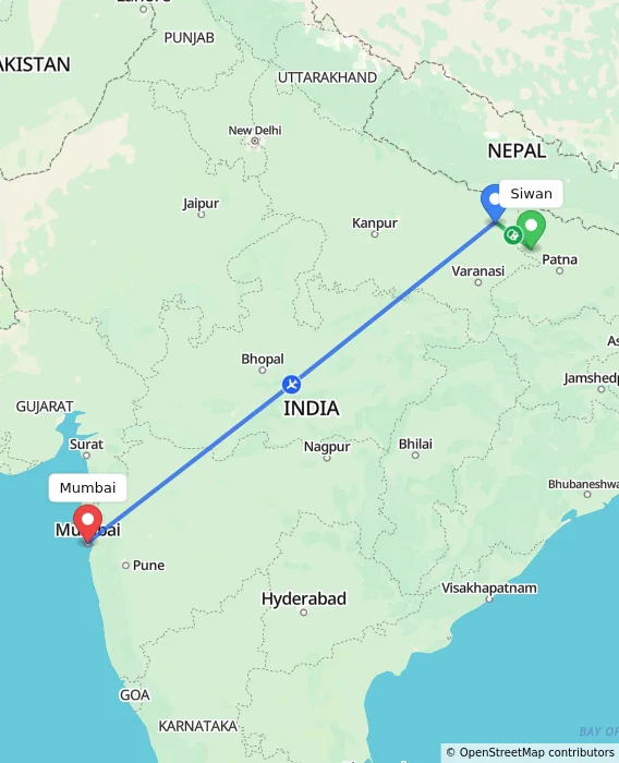 Route map showing distance and travel time from Siwan, India to Mumbai, India