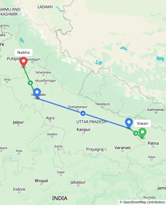 Route map showing distance and travel time from Siwan, India to Nabha, India