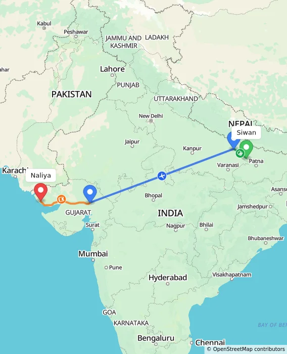 Route map showing distance and travel time from Siwan, India to Naliya, India