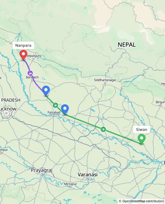 Route map showing distance and travel time from Siwan, India to Nanpara, India