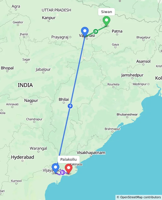 Route map showing distance and travel time from Siwan, India to Palakollu, India