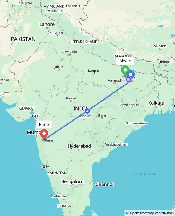 Route map showing distance and travel time from Siwan, India to Pune, India