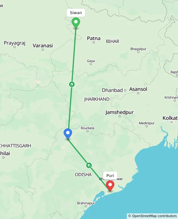 Route map showing distance and travel time from Siwan, India to Puri, India