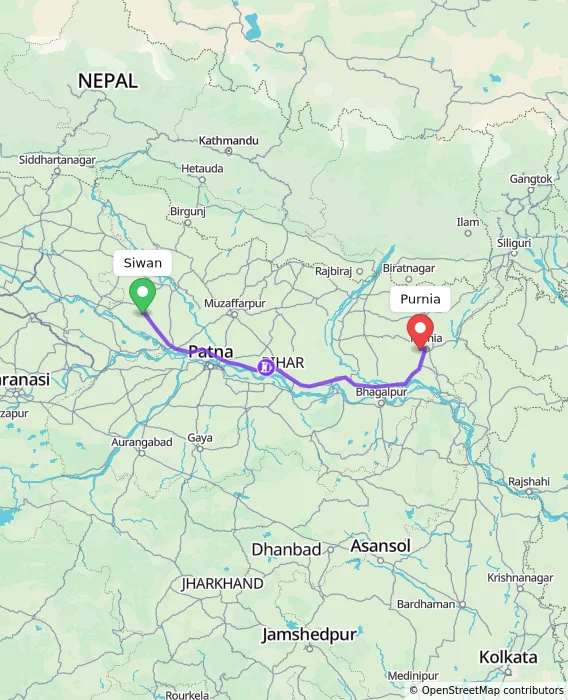 Route map showing distance and travel time from Siwan, India to Purnia, India