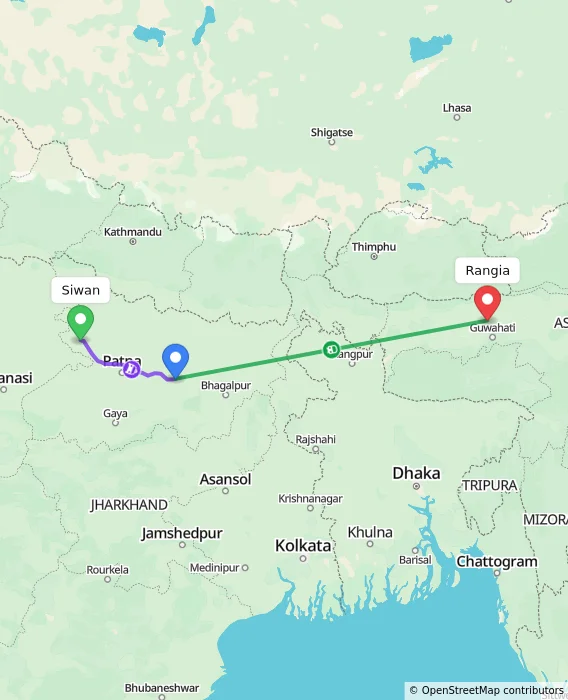 Route map showing distance and travel time from Siwan, India to Rangia, India