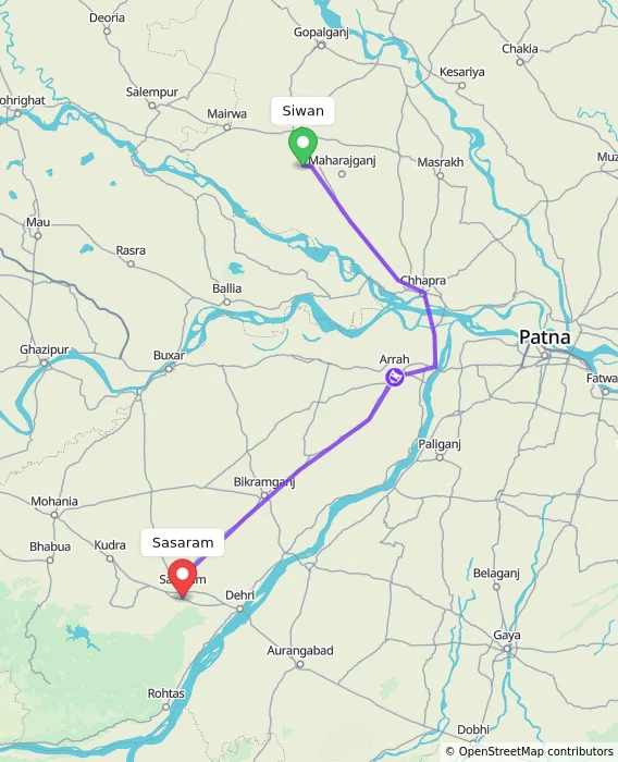 Route map showing distance and travel time from Siwan, India to Sasaram, India
