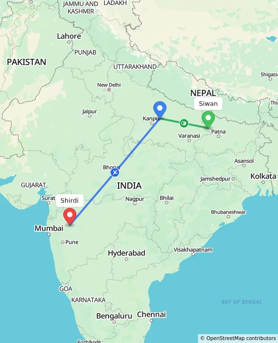 Route map showing distance and travel time from Siwan, India to Shirdi, India