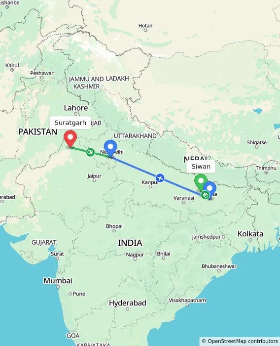 Route map showing distance and travel time from Siwan, India to Suratgarh, India