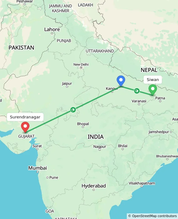 Route map showing distance and travel time from Siwan, India to Surendranagar, India