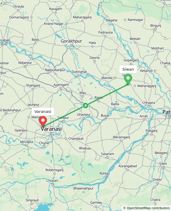 Route map showing distance and travel time from Siwan, India to Varanasi, India