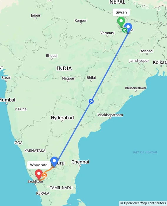 Route map showing distance and travel time from Siwan, India to Wayanad, India